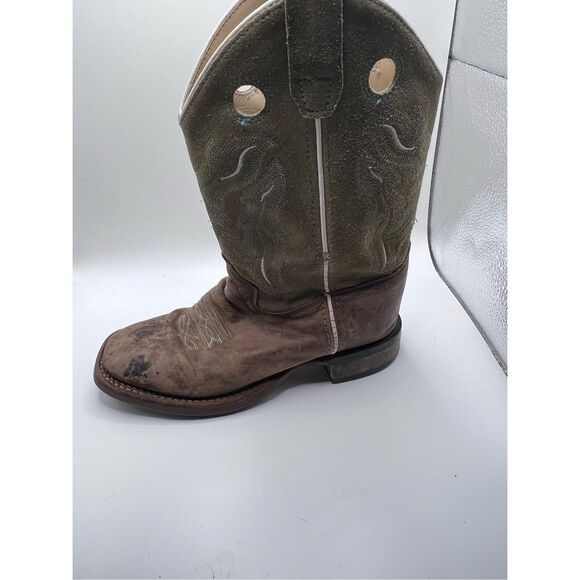 Old West Youth Tumbled Brown & Tan Calf Leather Top Square Toe Boots Size 3.0 D - Picture 1 of 6